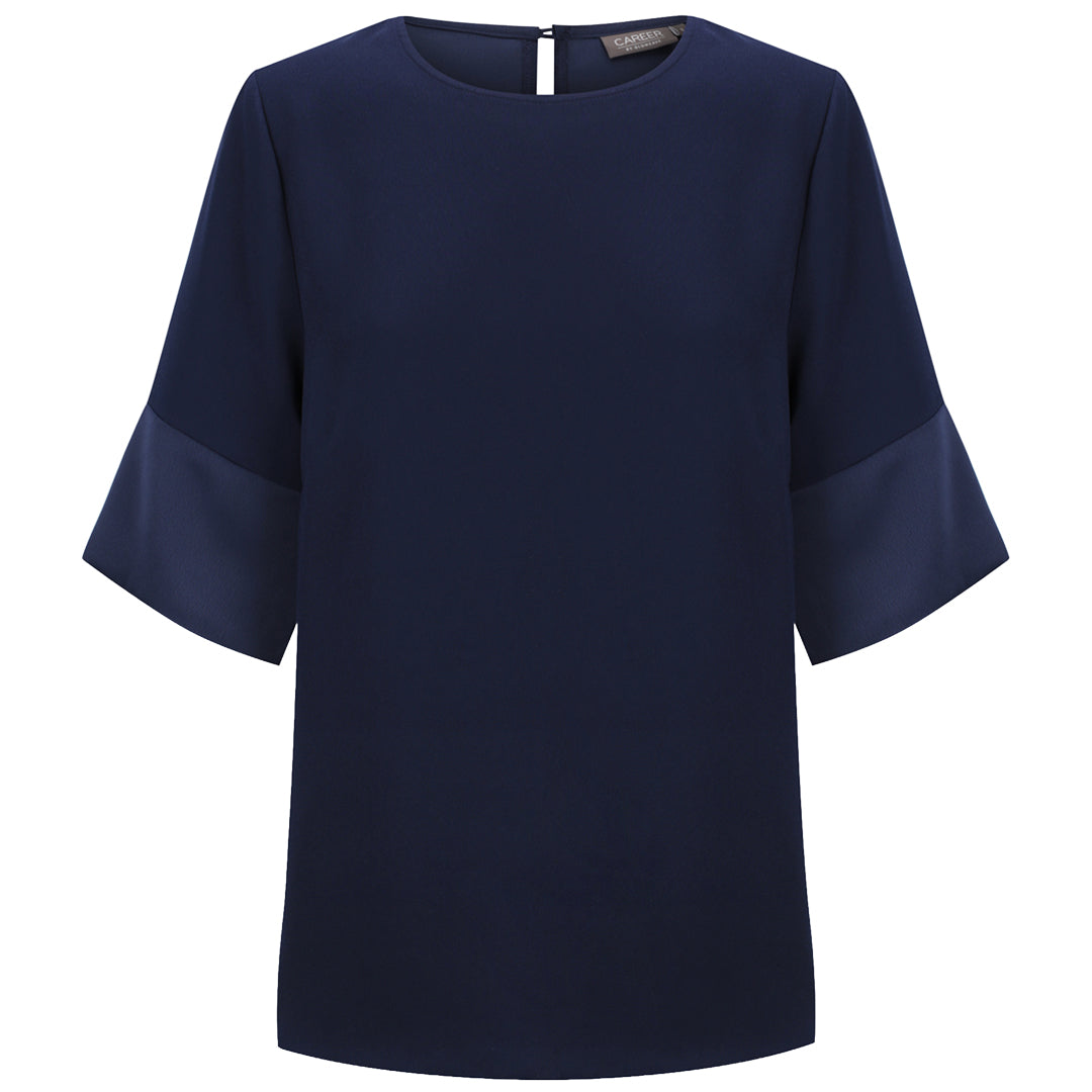 Gloweave The Celine Contrast Sleeve Top | Ladies Navy Shirts & Tops