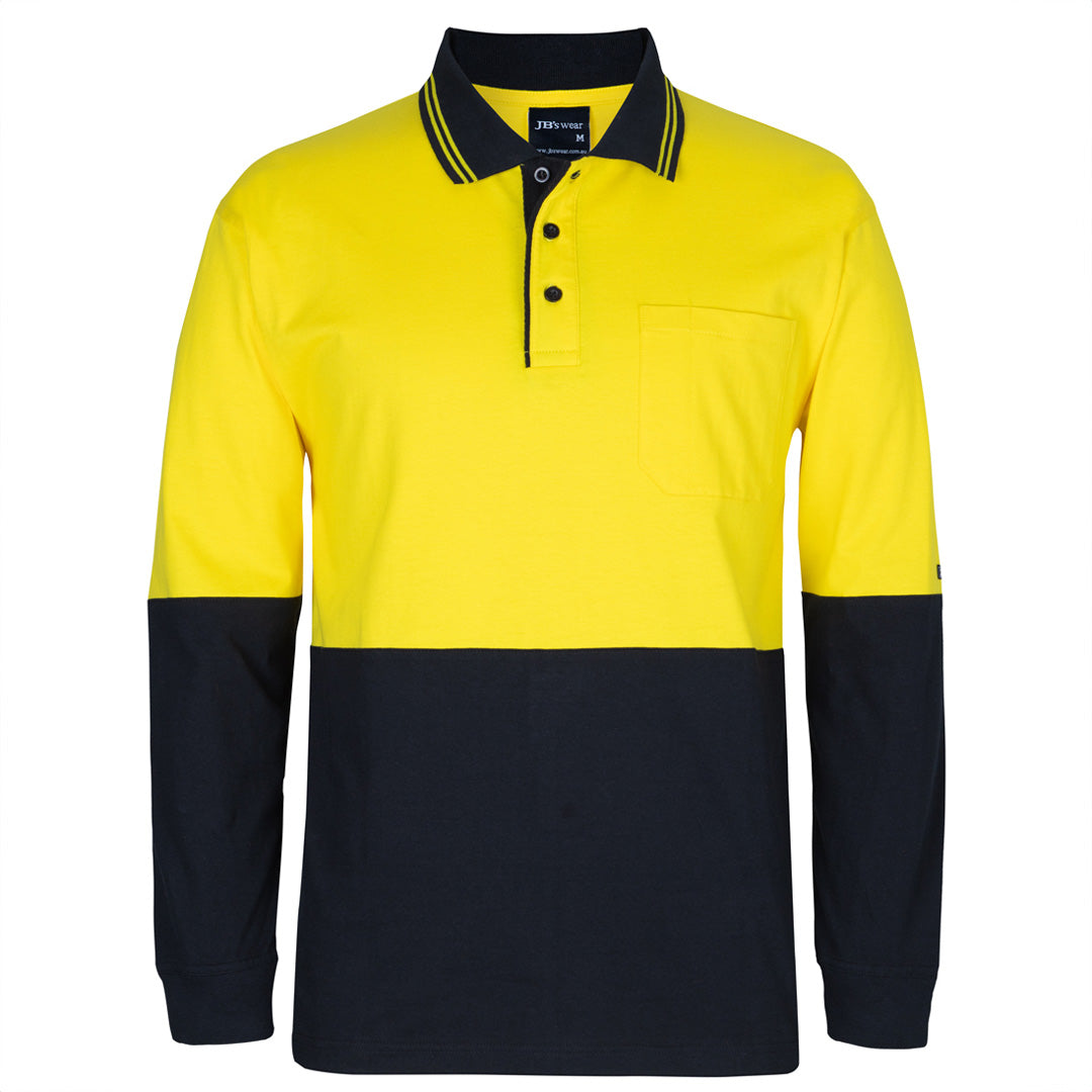 Jbs Wear The Hi Vis Cotton Contrast Polo | Long Sleeve | Adults Yellow/Black Work Safety Protective Gear