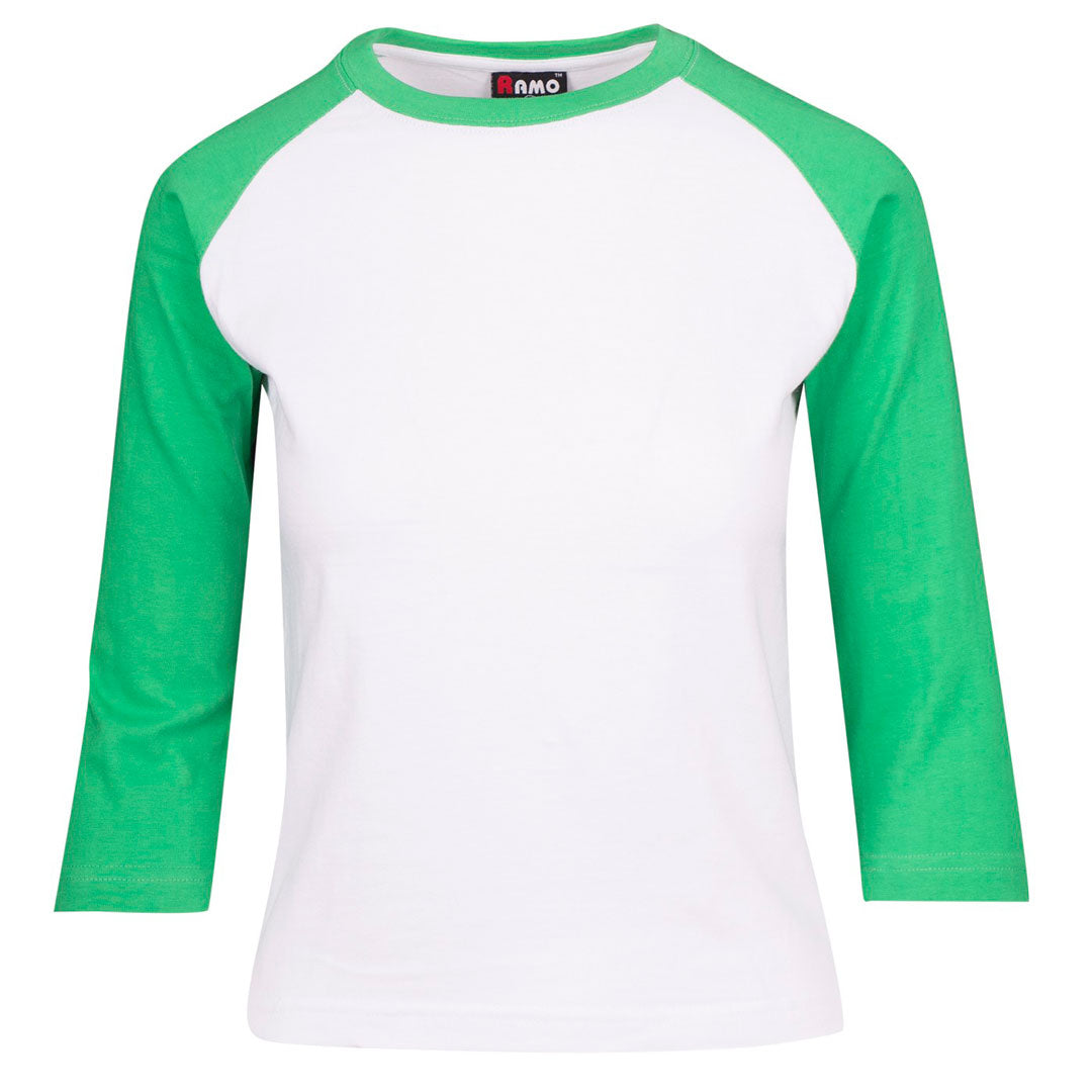 Ramo The 3/4 Raglan Sleeve Tee | Ladies White/Emerald Green Shirts & Tops