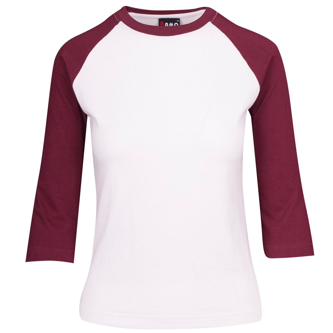 Ramo The 3/4 Raglan Sleeve Tee | Ladies White/Maroon Shirts & Tops
