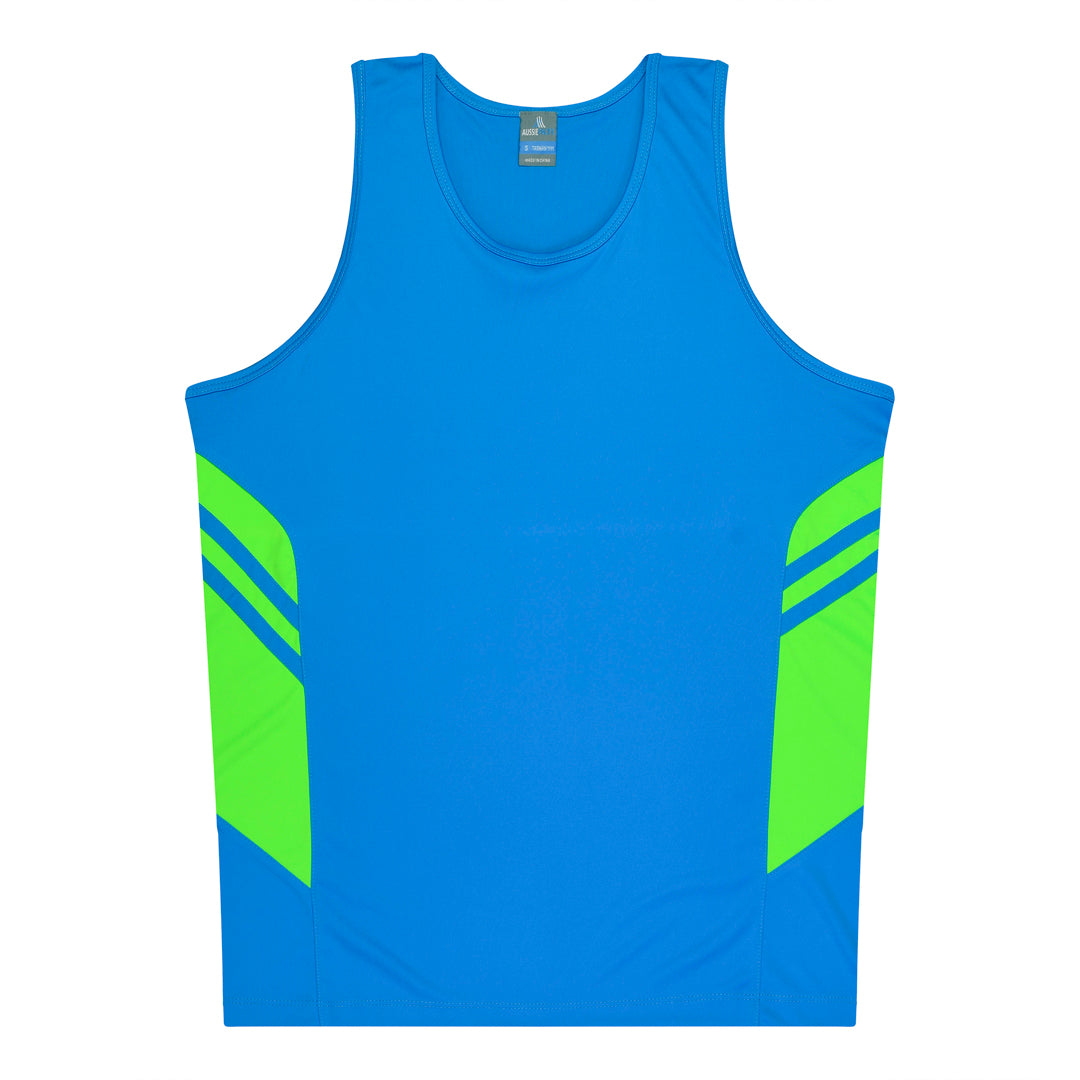 Aussie Pacific The Tasman Singlet | Mens | Blue Base Cyan/Neon Green Shirts & Tops