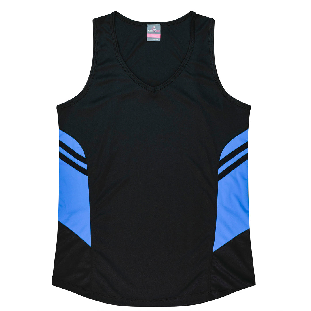 Aussie Pacific The Tasman Singlet | Ladies Black/Cyan Shirts & Tops