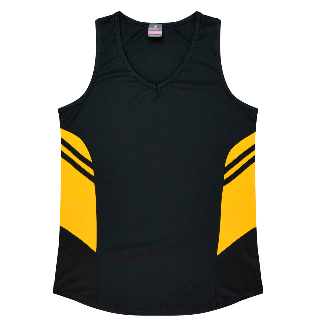 Aussie Pacific The Tasman Singlet | Ladies | Clearance Black/Gold Shirts & Tops
