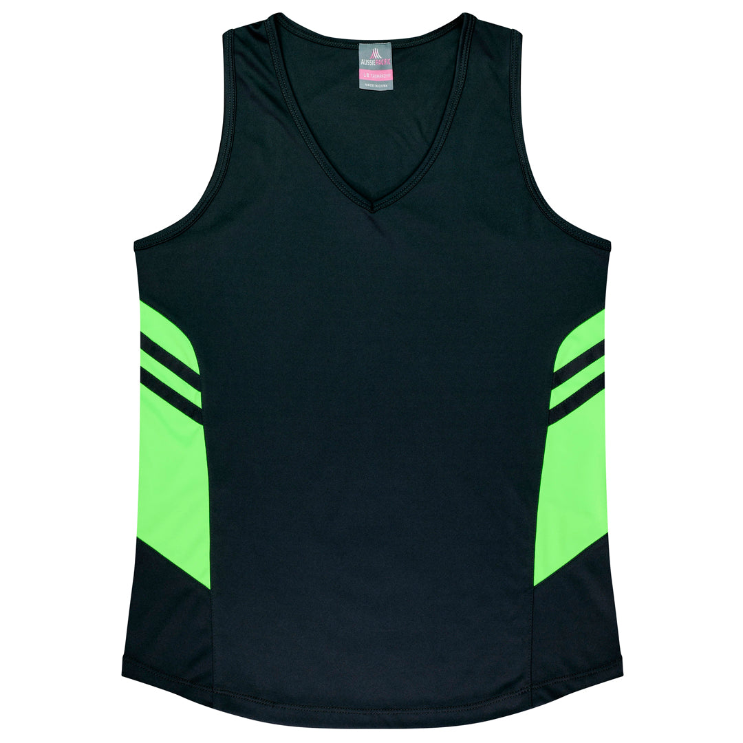 Aussie Pacific The Tasman Singlet | Ladies Black/Neon Green Shirts & Tops