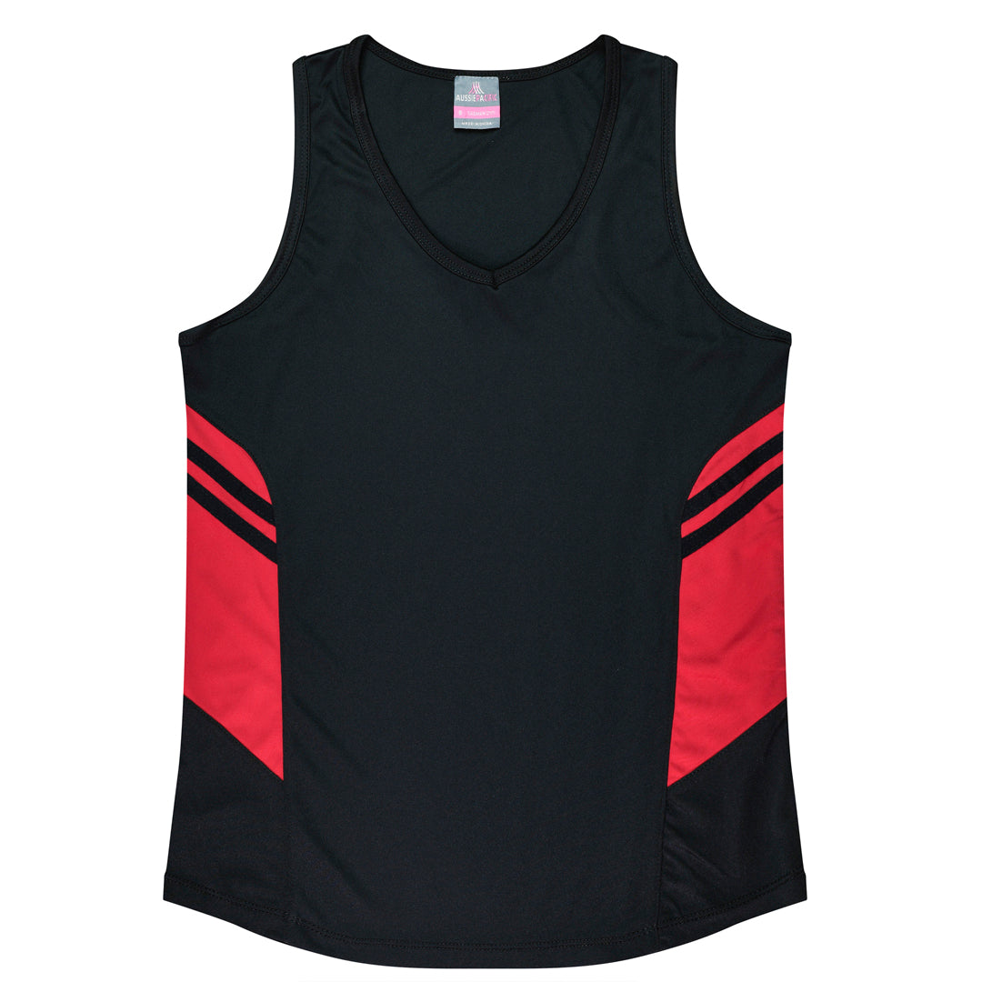 Aussie Pacific The Tasman Singlet | Ladies Black/Red Shirts & Tops