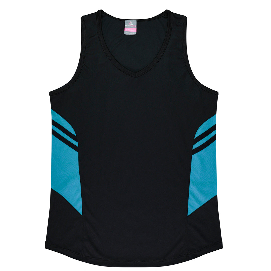 Aussie Pacific The Tasman Singlet | Ladies Black/Teal Shirts & Tops