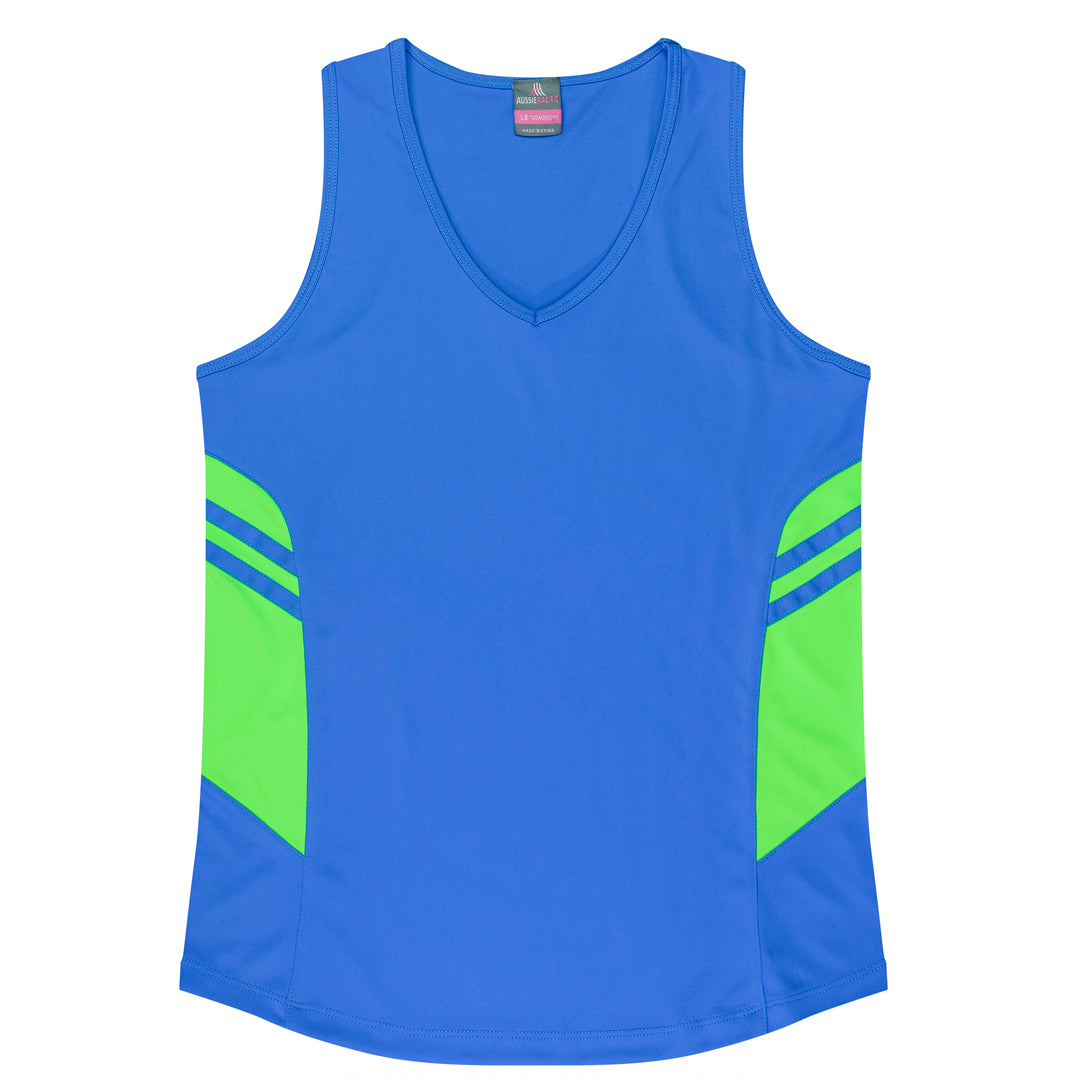Aussie Pacific The Tasman Singlet | Ladies | Blue Base Cyan/Neon Green Shirts & Tops