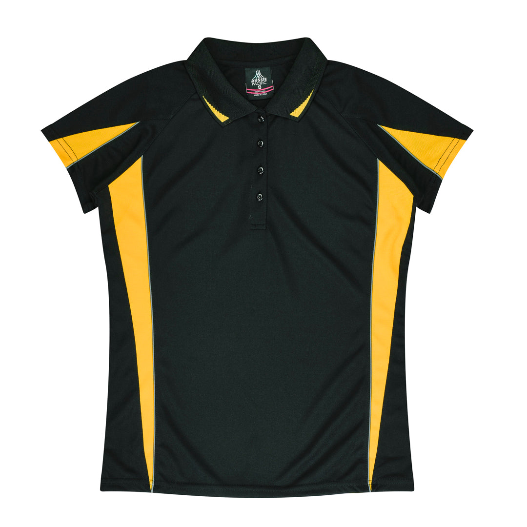 Aussie Pacific The Eureka Polo Shirt | Plus | Ladies Black/Gold Shirts & Tops