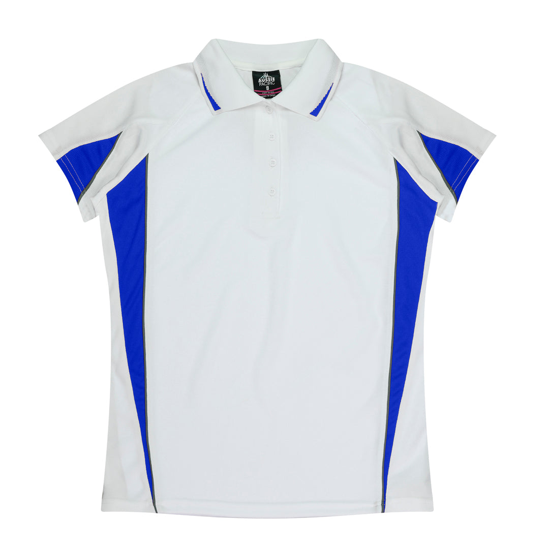 Aussie Pacific The Eureka Polo Shirt | Plus | Ladies White/Royal Shirts & Tops