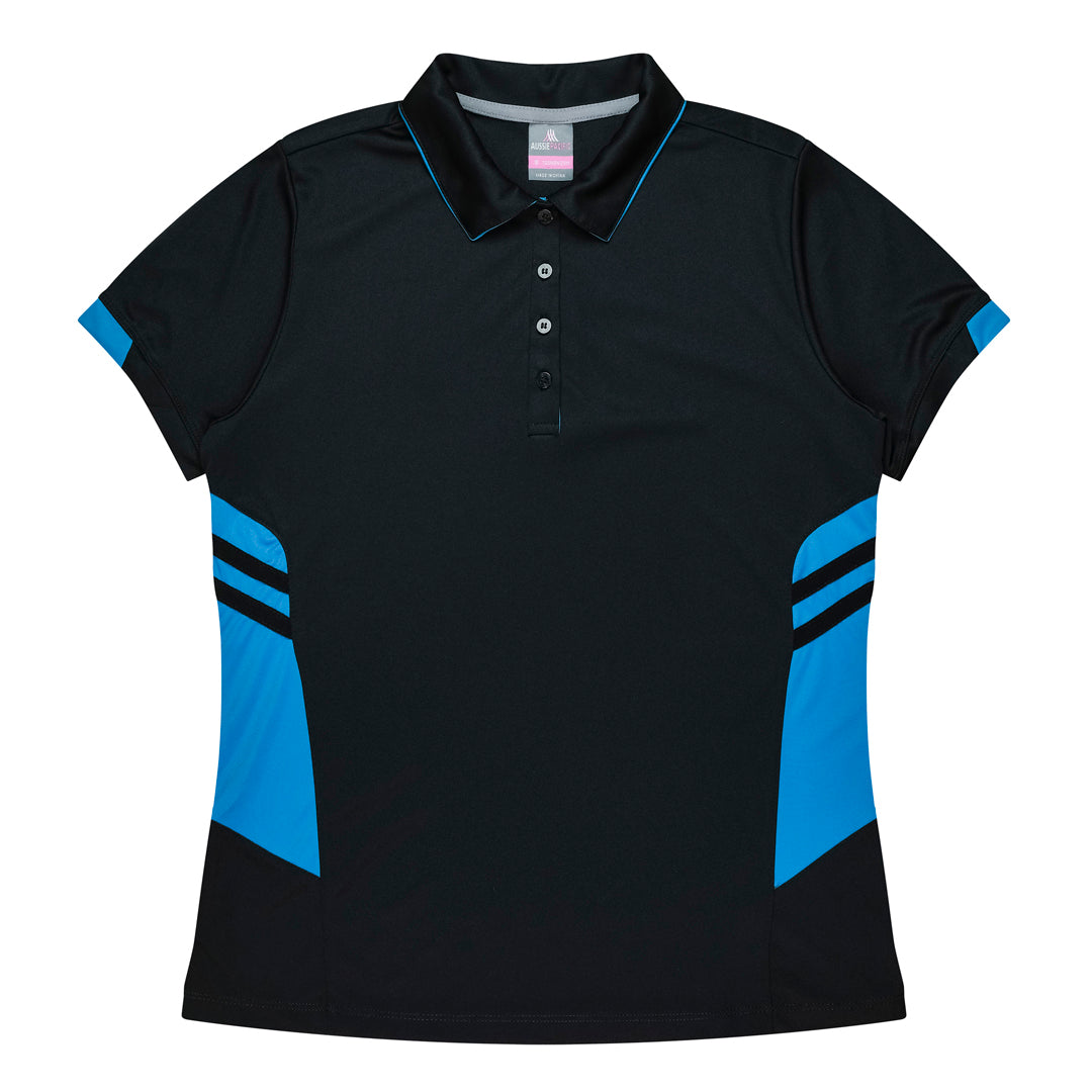 Aussie Pacific The Tasman Polo | Ladies | Short Sleeve | Black Base Black/Cyan Shirts & Tops