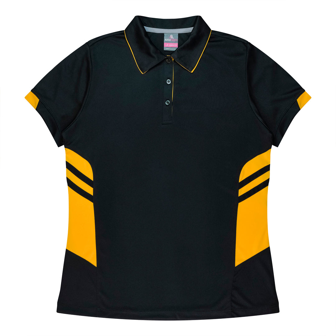 Aussie Pacific The Tasman Polo | Ladies | Short Sleeve | Black Base Black/Gold Shirts & Tops
