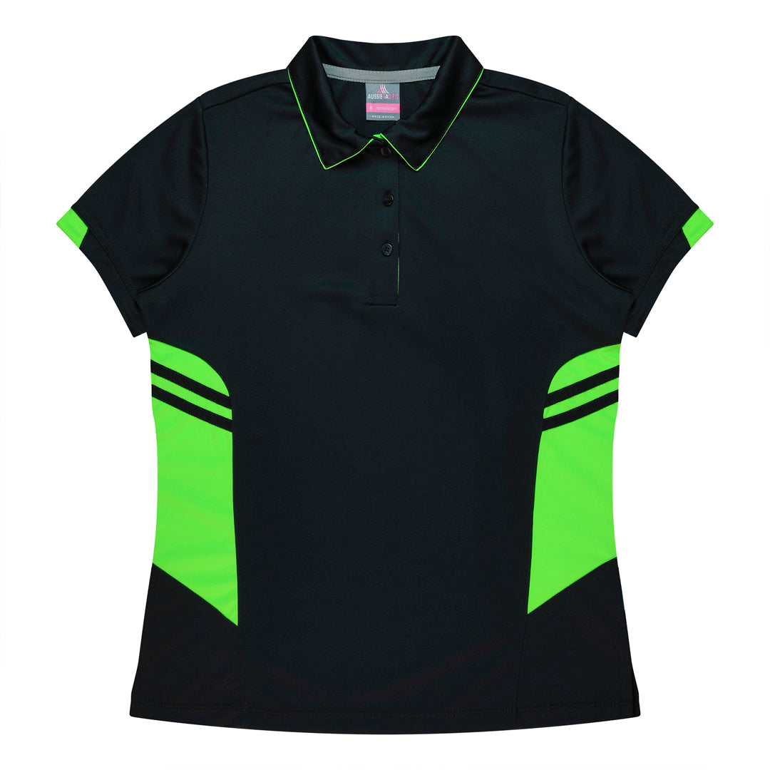 Aussie Pacific The Tasman Polo | Ladies | Short Sleeve | Black Base Black/Neon Green Shirts & Tops