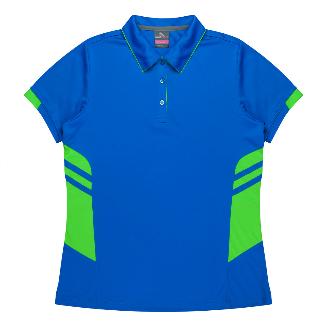 Aussie Pacific The Tasman Polo | Ladies | Short Sleeve | Blue Base Cyan/Neon Green Shirts & Tops
