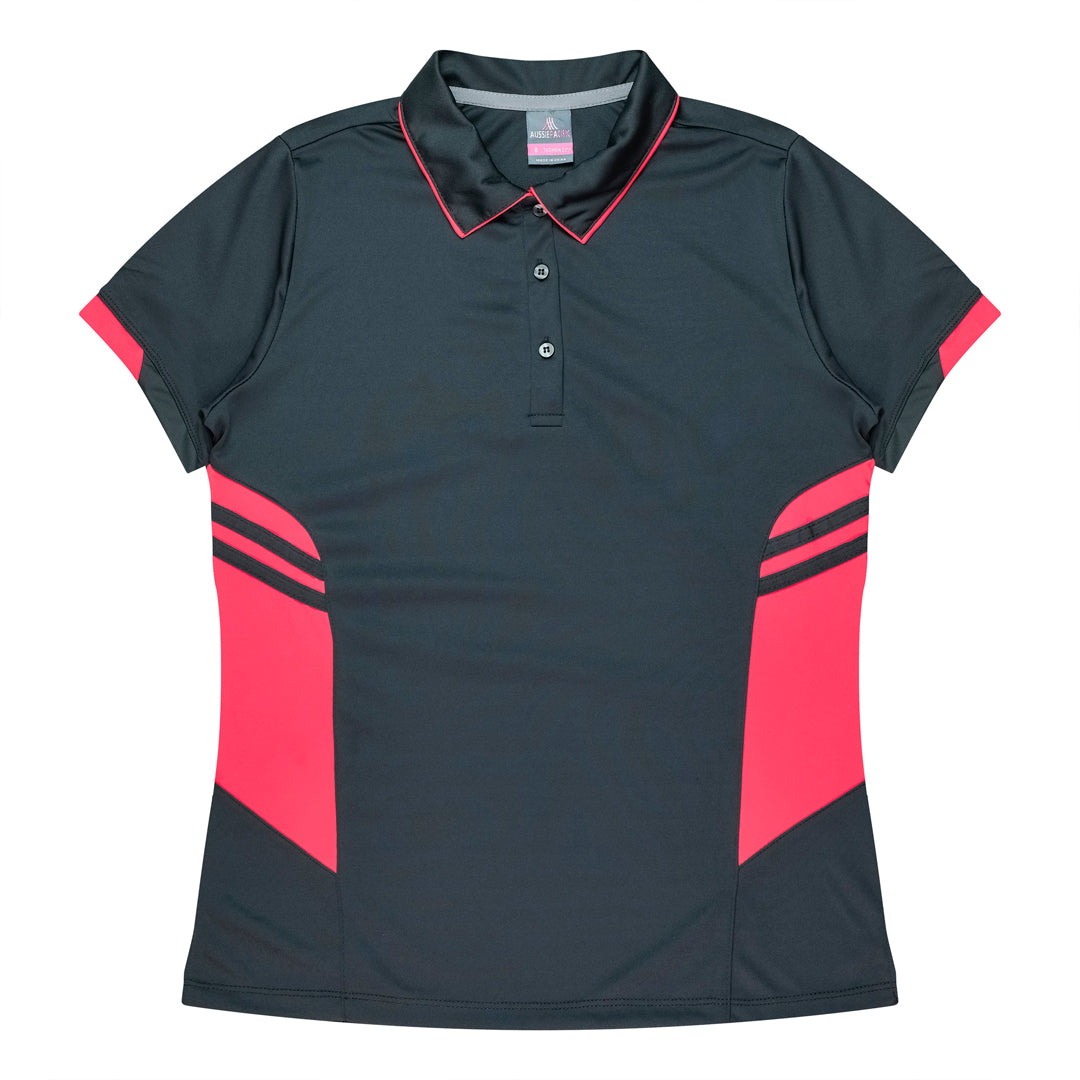 House of Uniforms The Tasman Polo | Ladies | Short Sleeve | Grey Base Aussie Pacific Slate/Neon Pink