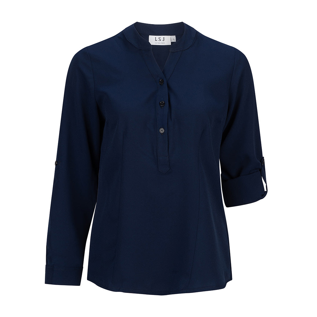 LSJ Collection The Mandarin Crepe Top | Ladies | Long Sleeve Navy Shirts & Tops