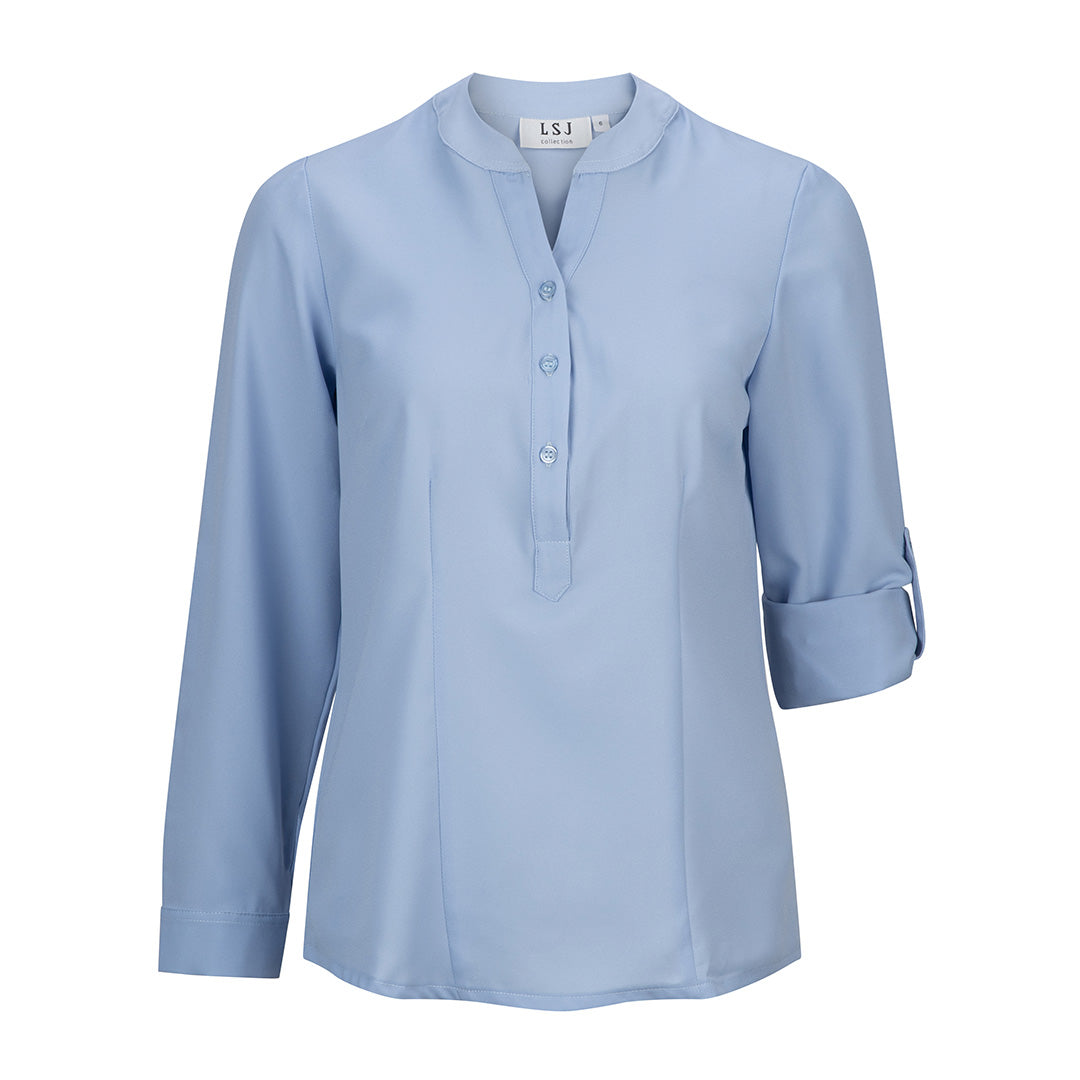 LSJ Collection The Mandarin Crepe Top | Ladies | Long Sleeve Sky Shirts & Tops