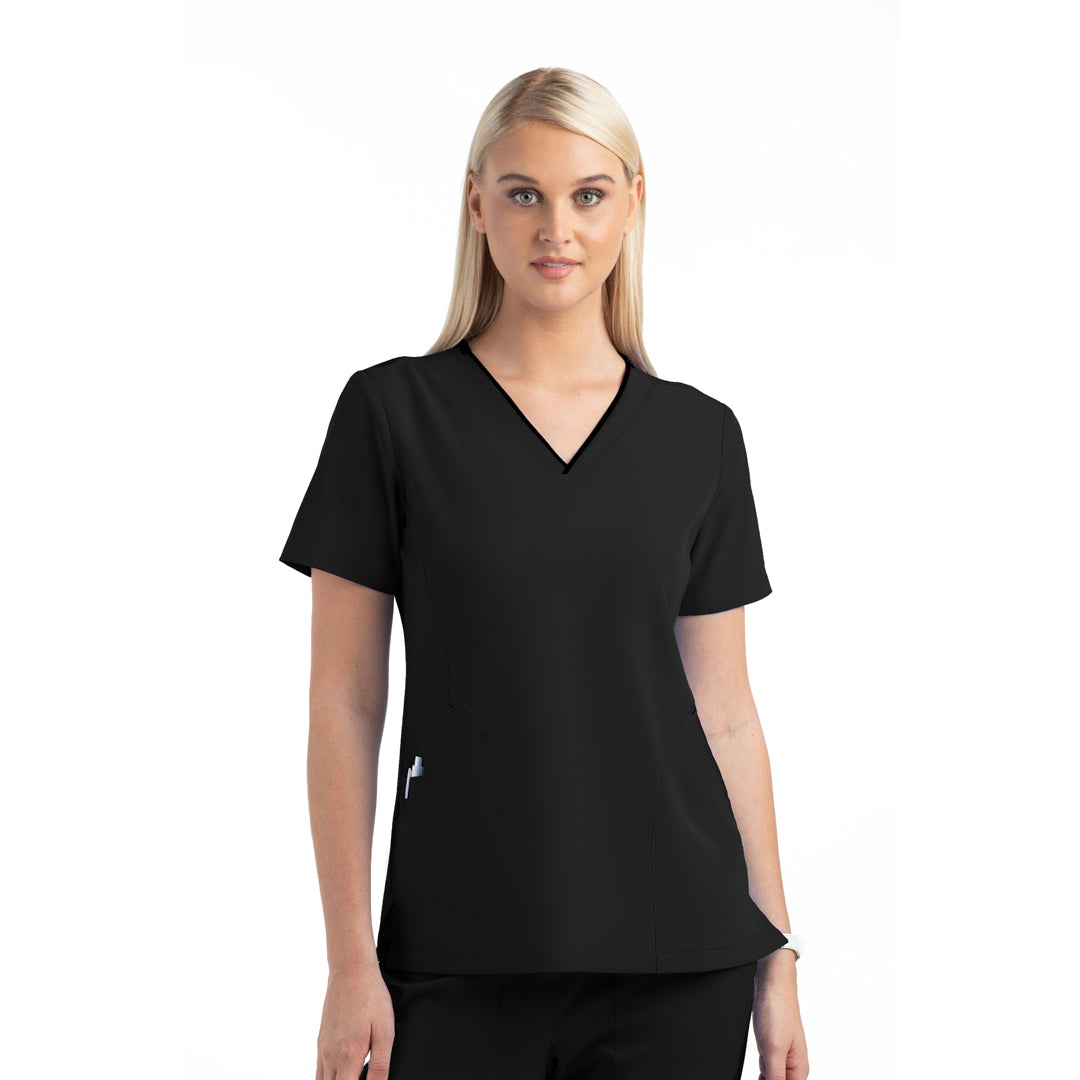 Maevn The Matrix Impulse Contrast Curved Scrub Top | Ladies Black Scrubs