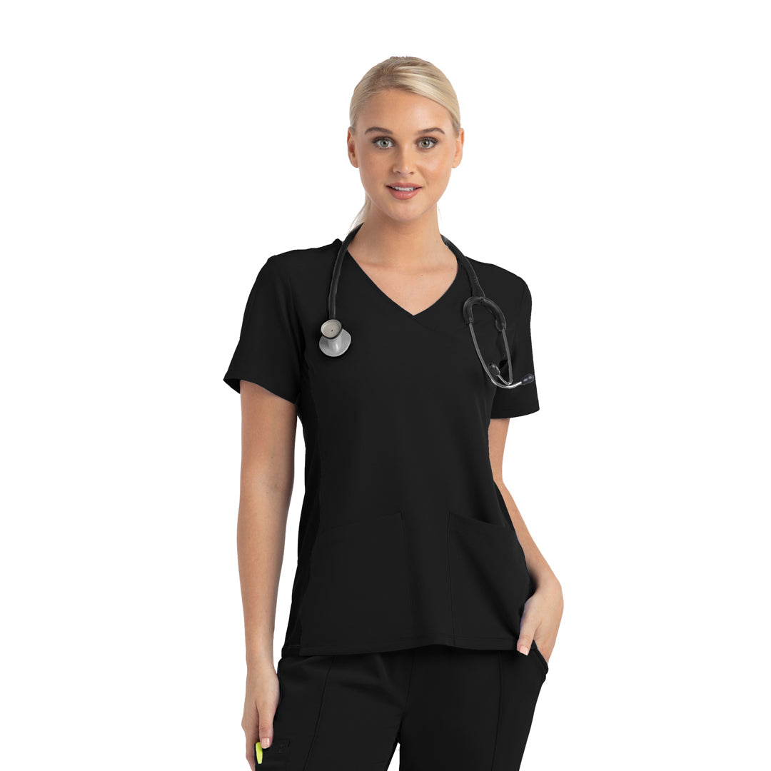 Maevn The Matrix Impulse Contrast Knit Panel Scrub Top | Ladies Black Scrubs
