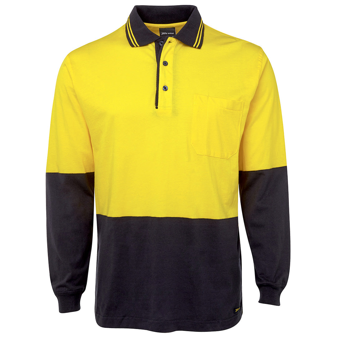Jbs Wear The Hi Vis Cotton Contrast Polo | Long Sleeve | Adults Yellow/Navy Work Safety Protective Gear
