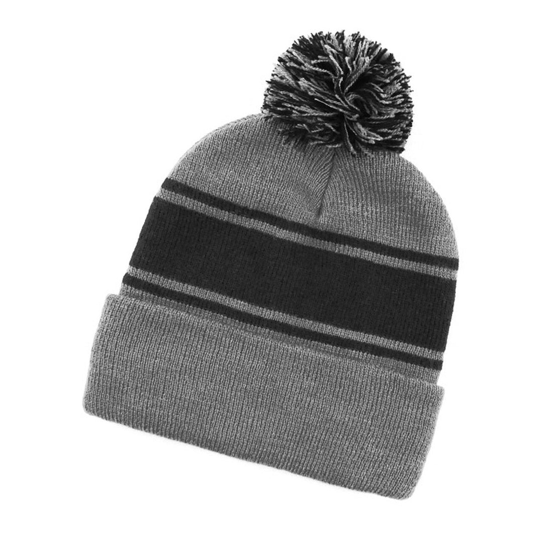 Grace Collection The Thick Stripe Pom Pom Beanie | Unisex Grey/Black Hats