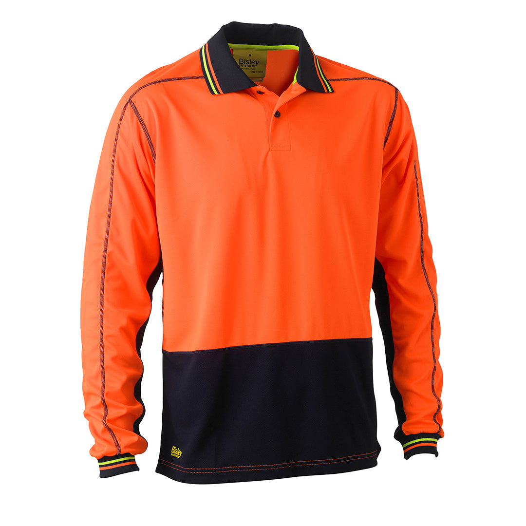 Bisley The Hi Vis Polyester Mesh Polo | Long Sleeve | Mens Orange/Navy Shirts & Tops