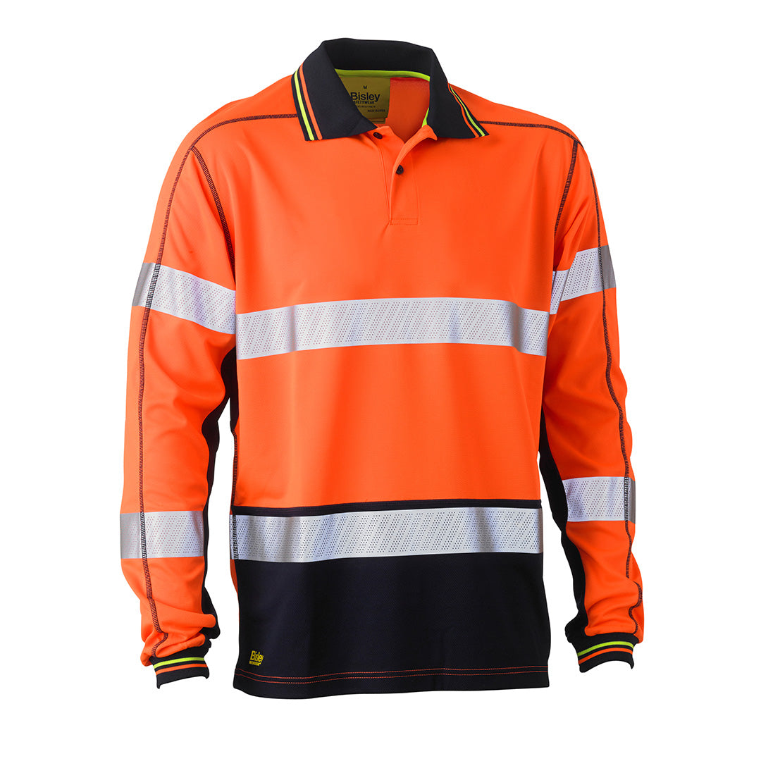 Bisley The Hi Vis Taped Polyester Mesh Polo | Long Sleeve | Mens Orange/Navy Shirts & Tops