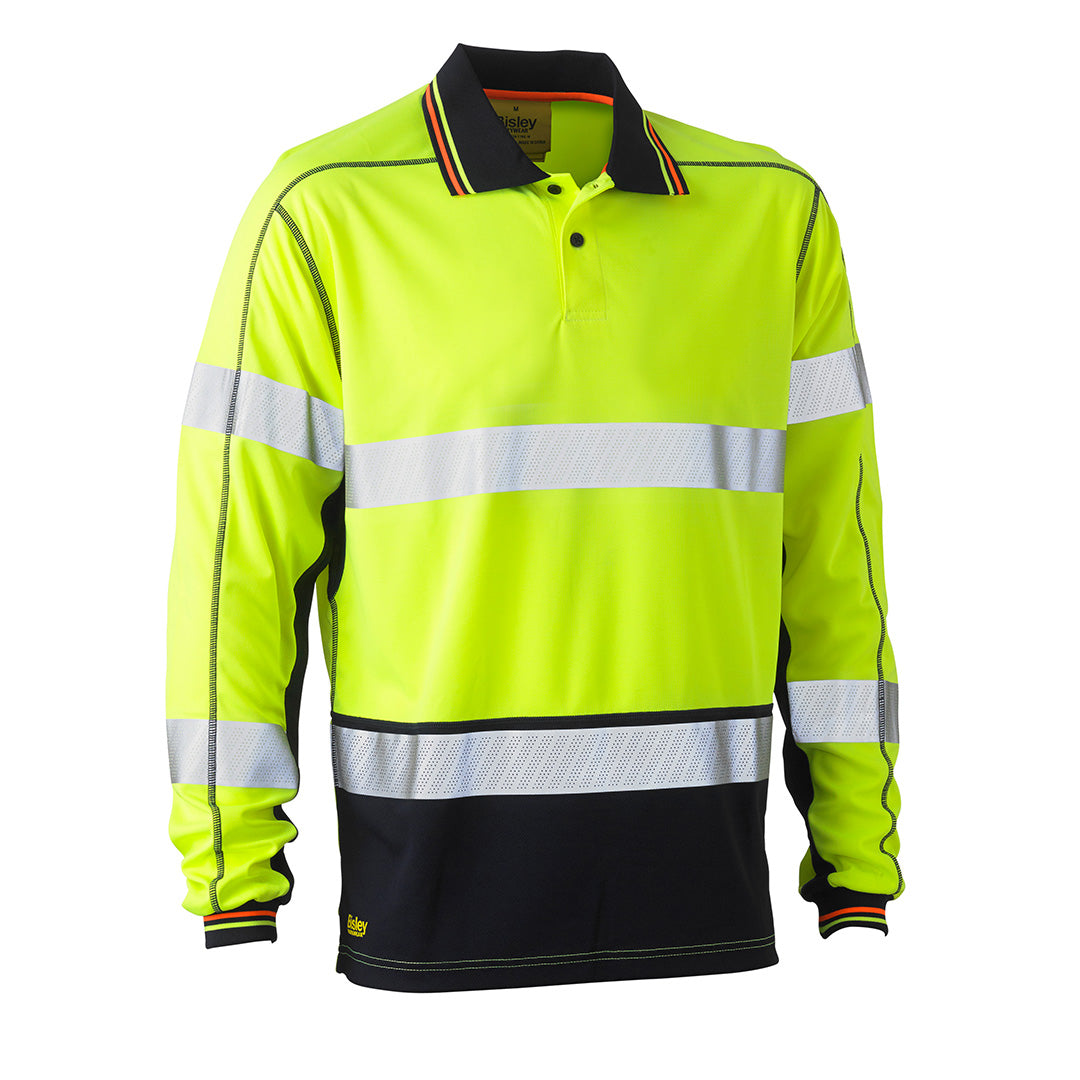 Bisley The Hi Vis Taped Polyester Mesh Polo | Long Sleeve | Mens Yellow/Navy Shirts & Tops