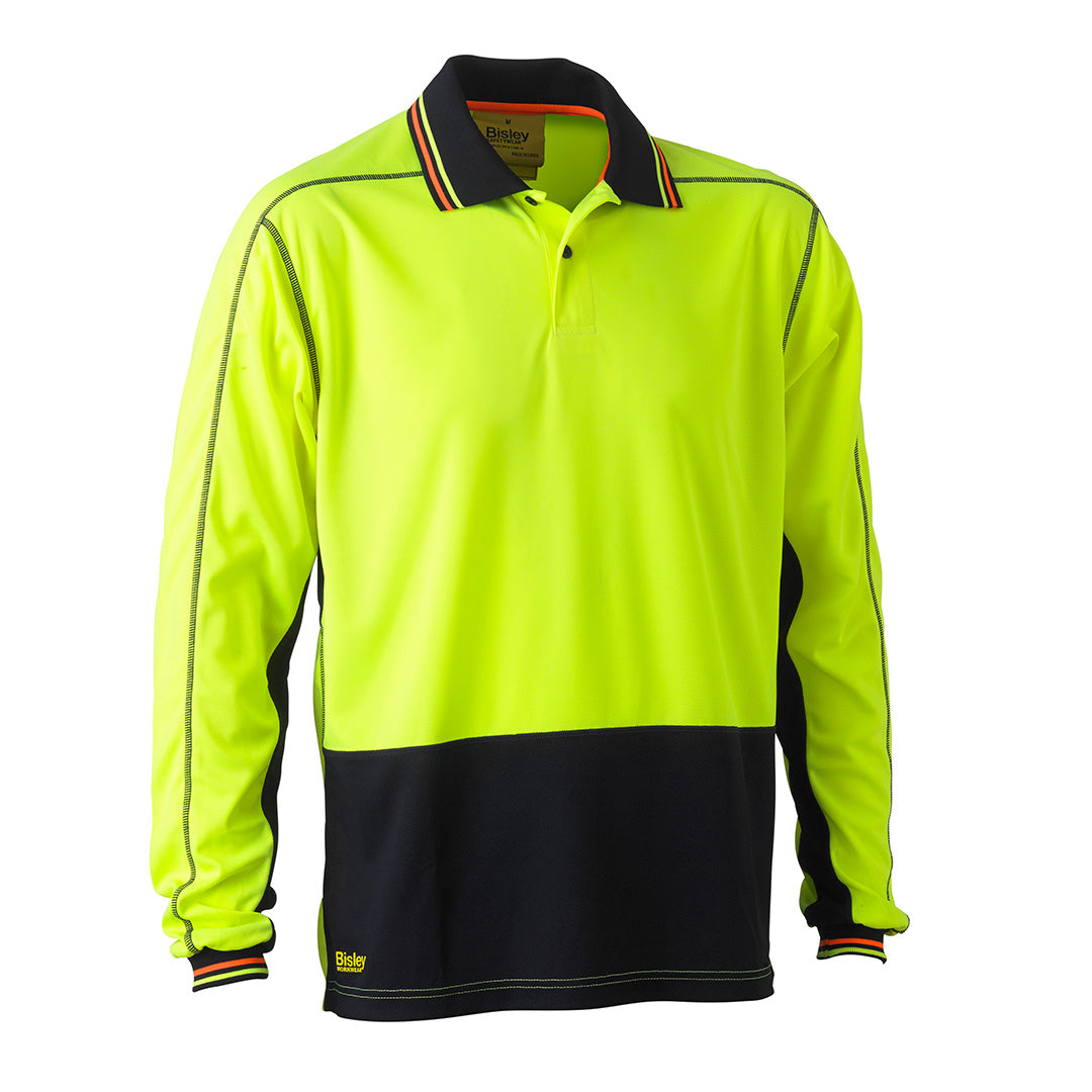 Bisley The Hi Vis Polyester Mesh Polo | Long Sleeve | Mens Yellow/Navy Shirts & Tops