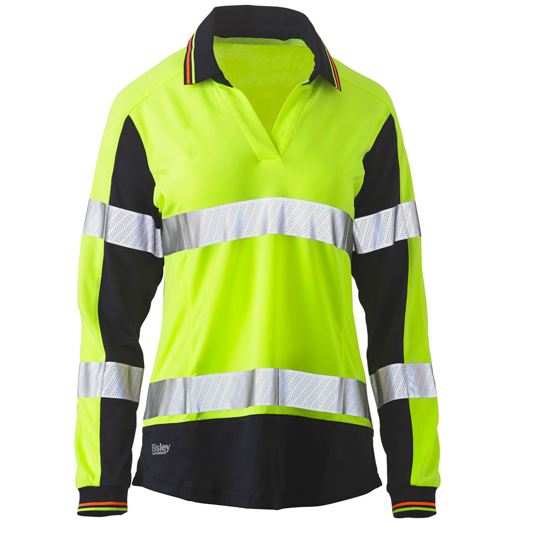 Bisley The Two Tone Taped Hi Vis Polo | Long Sleeve | Ladies Hi Vis Yellow Shirts & Tops