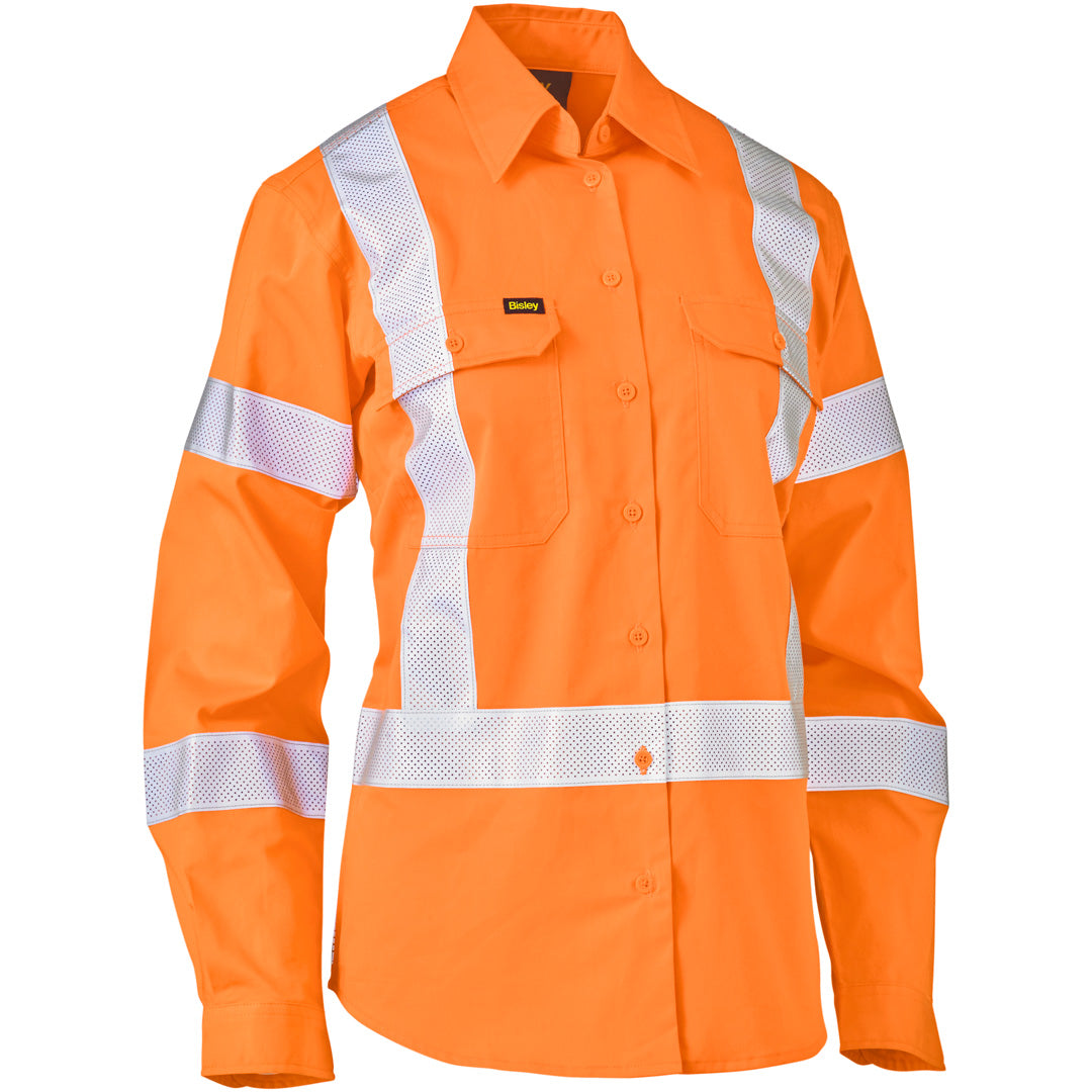 Bisley The Hi Vis X Taped Shirt | Day Night | Long Sleeve | Ladies Orange Shirts & Tops