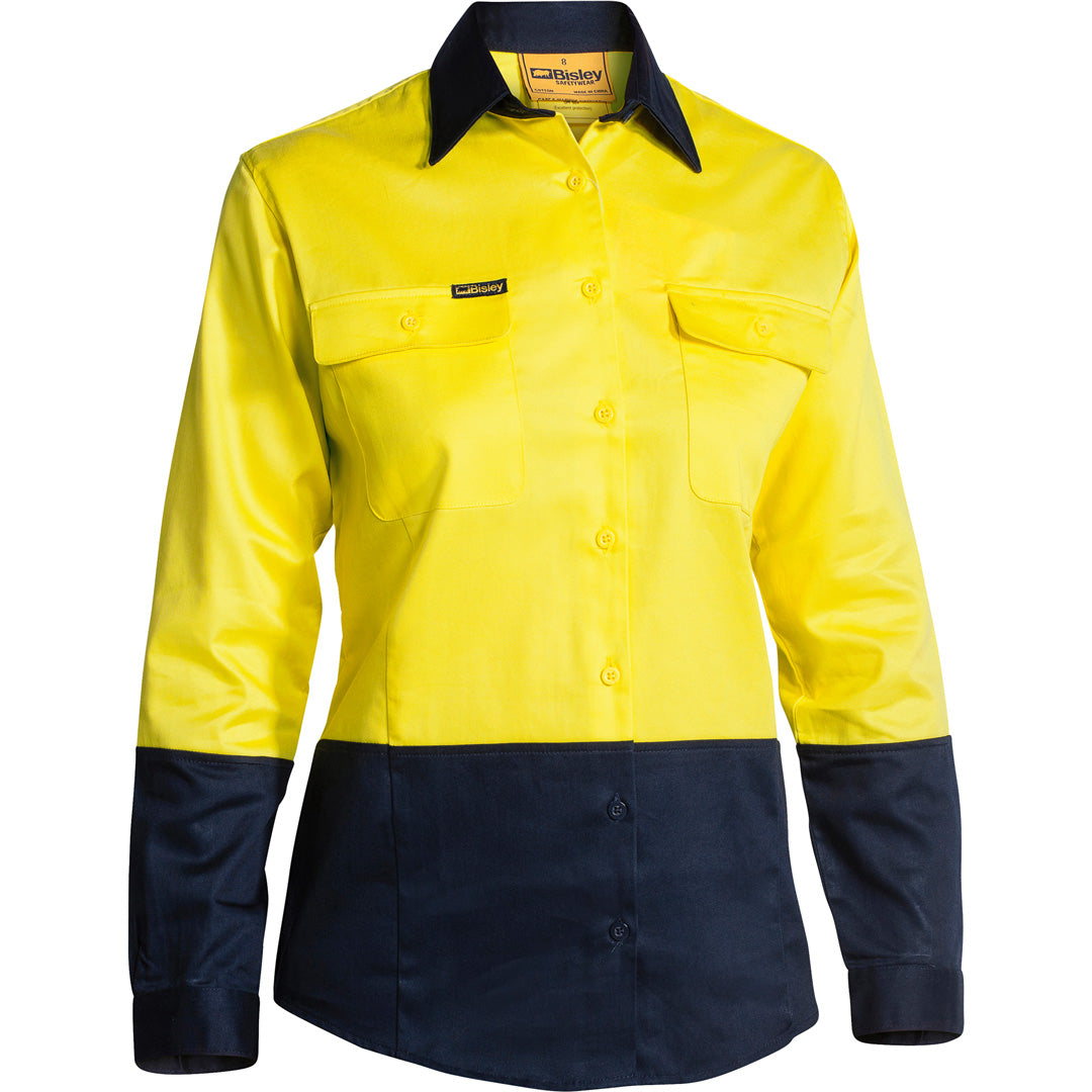 Bisley The Hi Vis Drill Shirt | Day | Long Sleeve | Ladies Yellow/Navy Shirts & Tops
