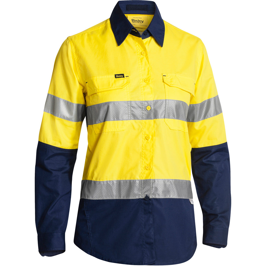 Bisley The X Flow Hi Vis Drill Shirt | Day Night | Long Sleeve | Ladies Yellow/Navy Shirts & Tops
