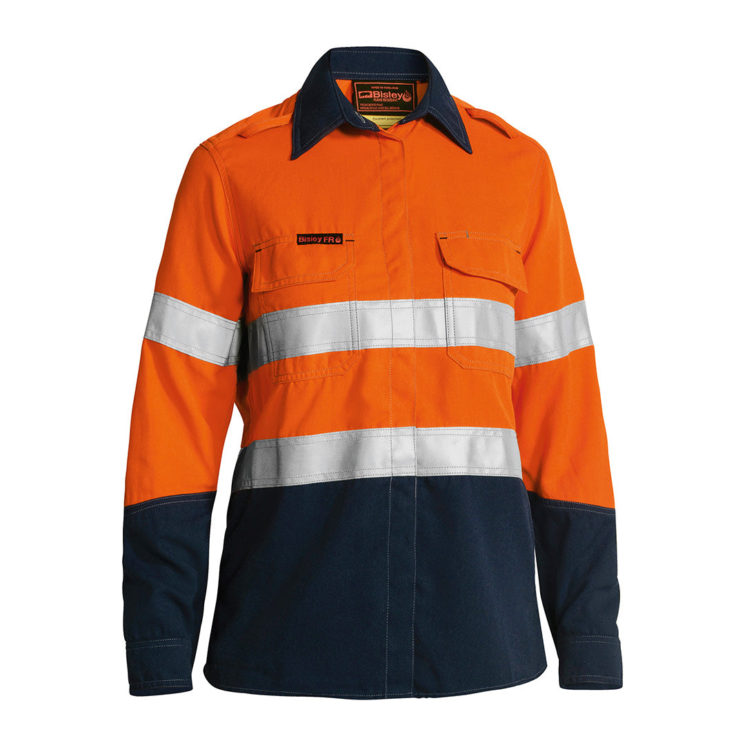 Bisley The Taped Hi Vis Plus Flame Resistant Shirt | Long Sleeve | Ladies Orange/Navy Work Safety Protective Gear