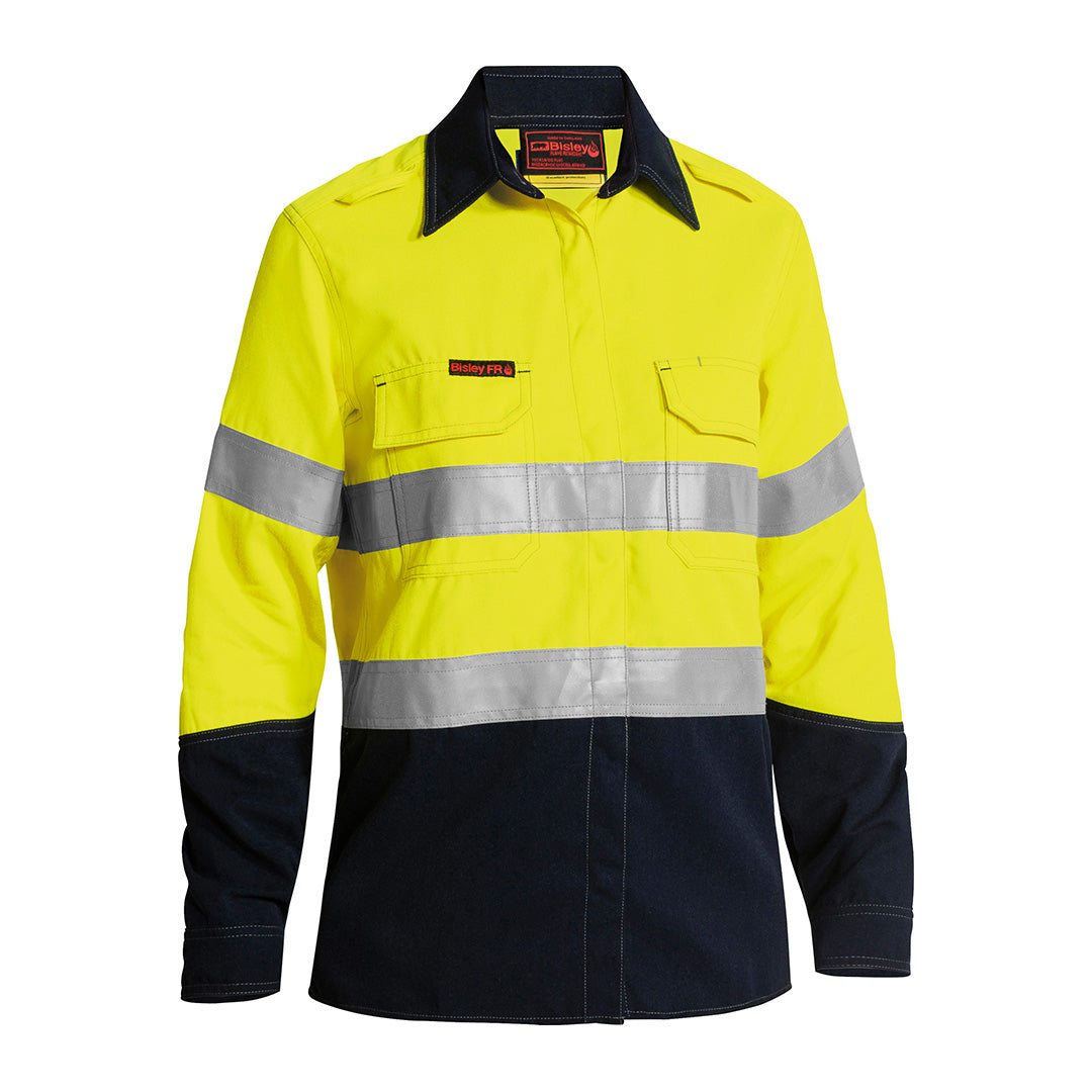 Bisley The Taped Hi Vis Plus Flame Resistant Shirt | Long Sleeve | Ladies Yellow/Navy Work Safety Protective Gear