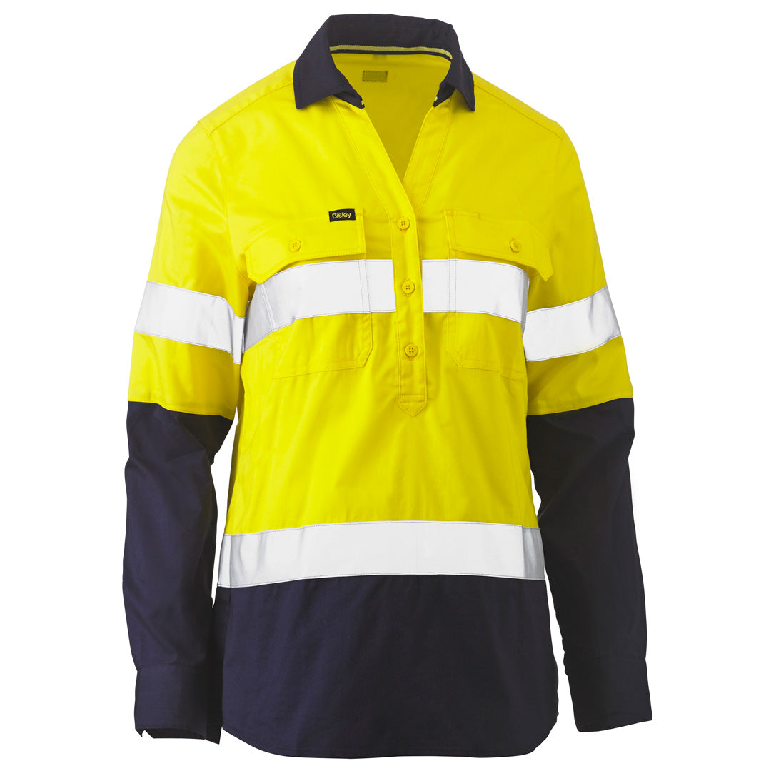 Bisley The V Neck Closed Front Shirt | Day Night | Long Sleeve | Ladies Yellow/Navy Shirts & Tops
