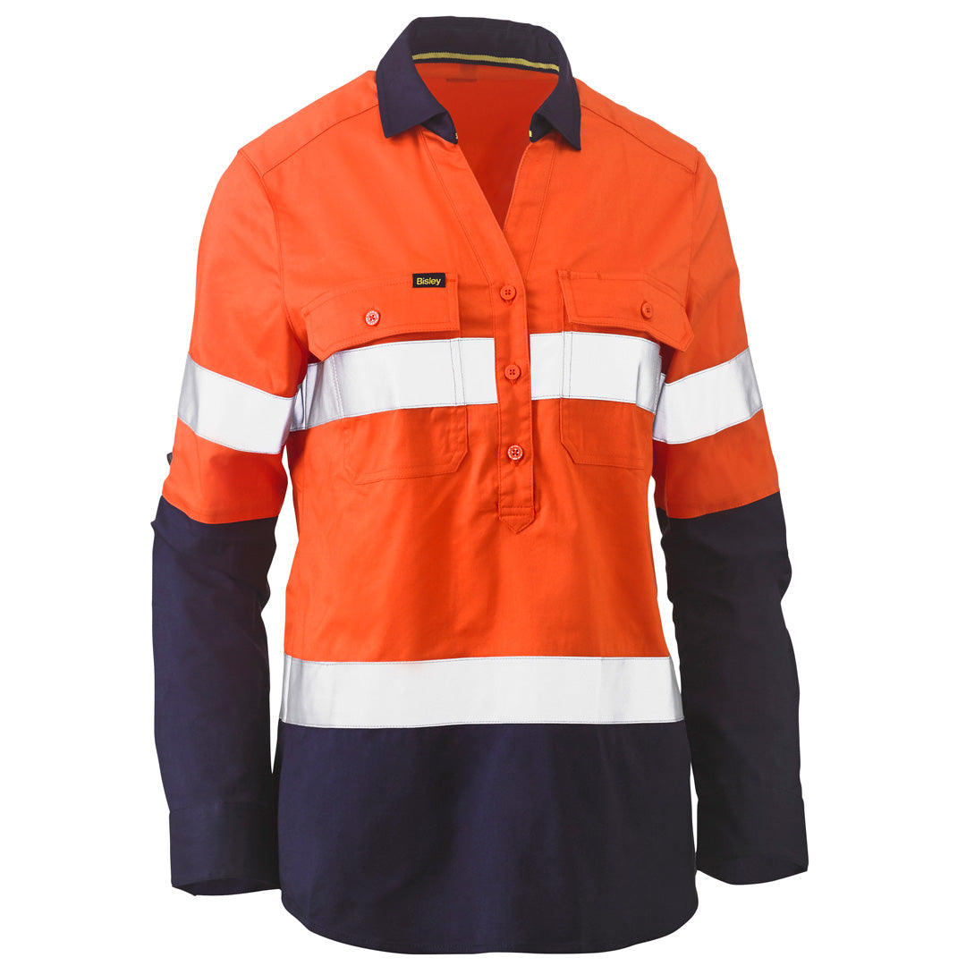 Bisley The V Neck Closed Front Shirt | Day Night | Long Sleeve | Ladies Orange/Navy Shirts & Tops