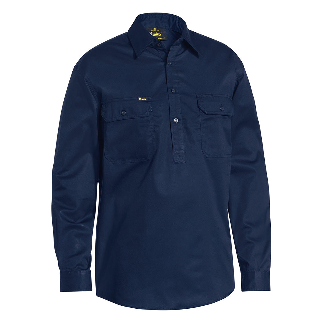 Bisley The Cool Lightweight Closed Front Drill Shirt | Long Sleeve | Mens Navy Shirts & Tops