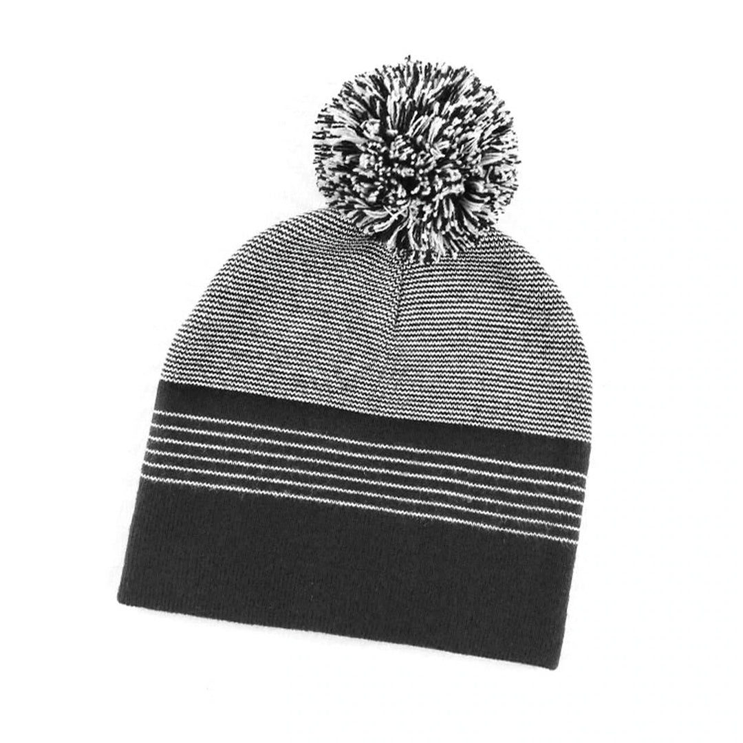 Grace Collection The Stripe Pom Pom Beanie | Unisex Black/White Hats