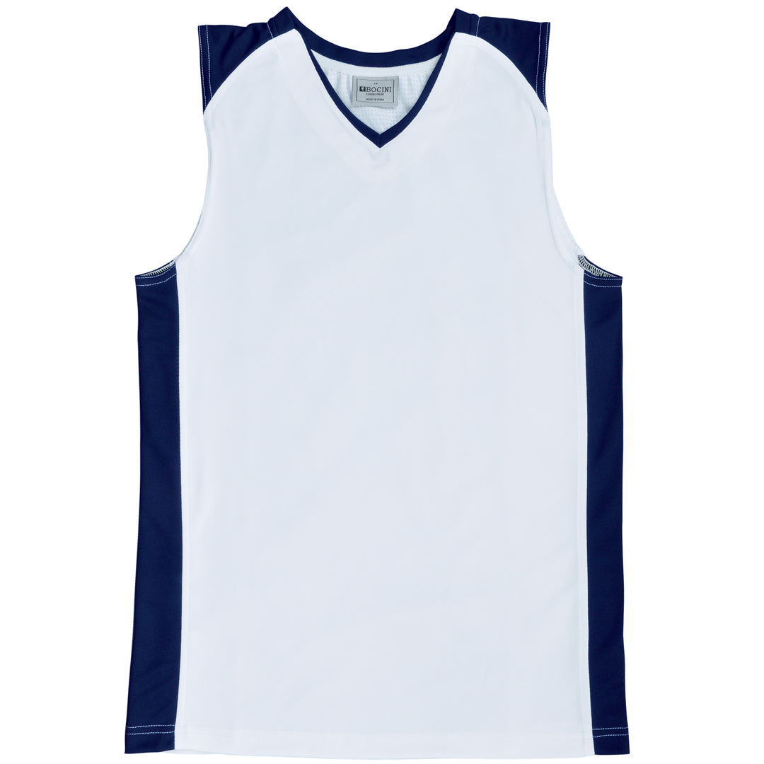 Bocini The Contrast Basketball Singlet | Mens White/Navy Basketball Uniforms