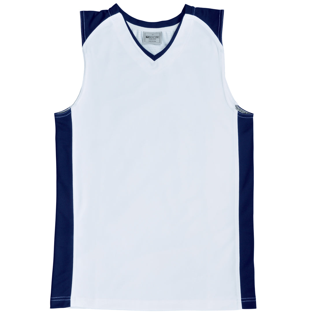 Bocini The Contrast Basketball Singlet | Kids White/Navy Basketball Uniforms