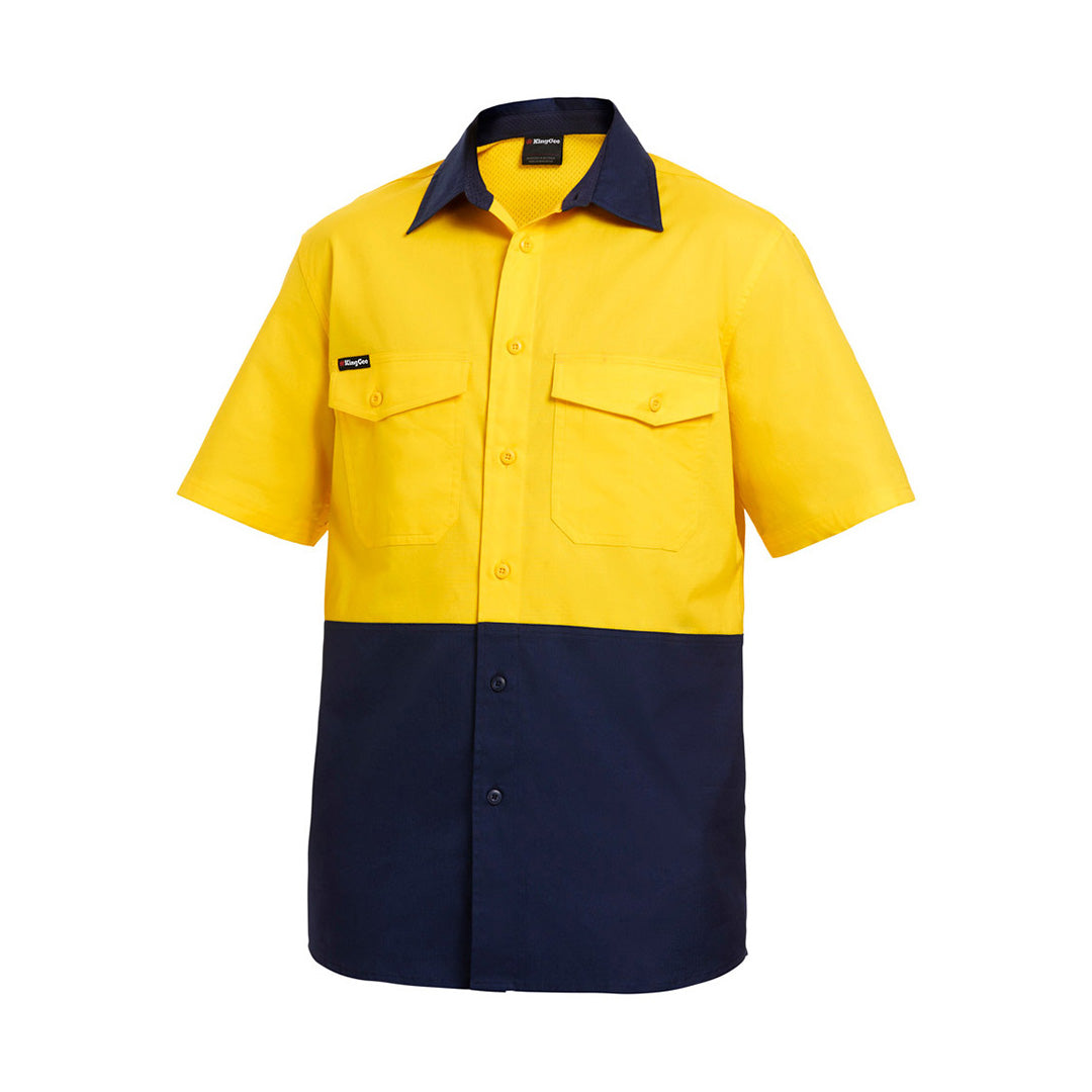 KingGee The Work Cool 2 Spliced Shirt | Mens | Short Sleeve Yellow/Navy Shirts & Tops