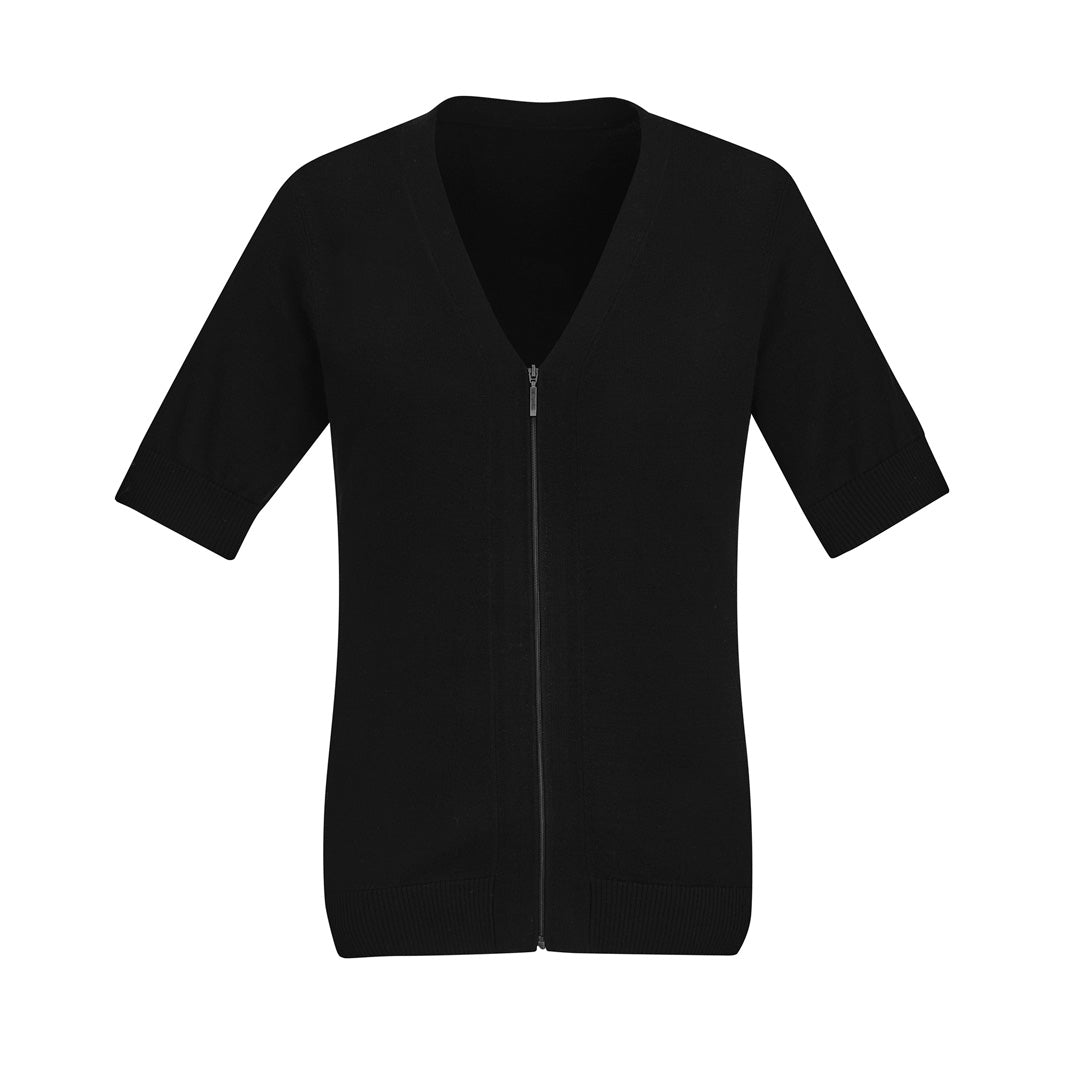 Biz Care The Zip Front Cardigan | Short Sleeve | Ladies Black Shirts & Tops