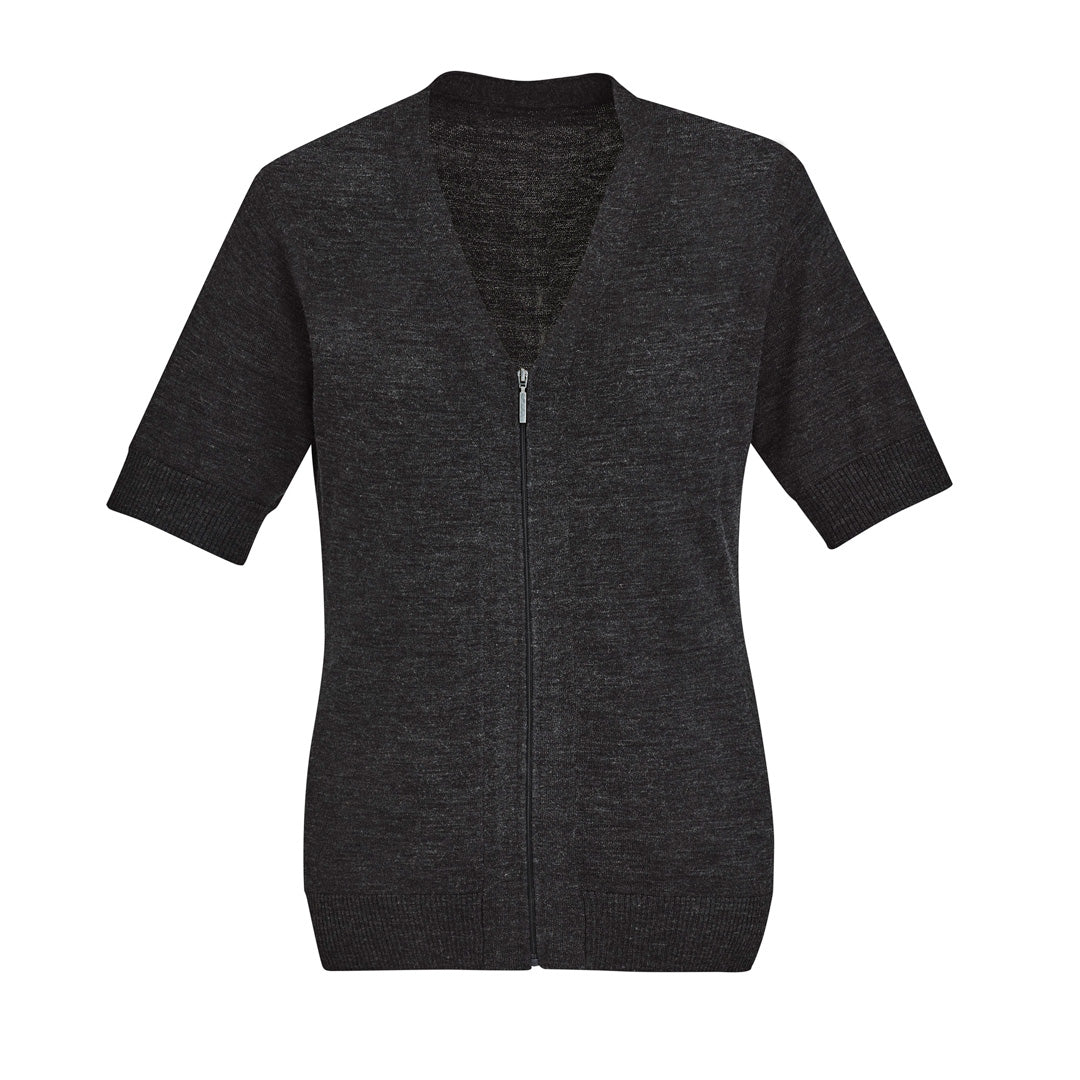 Biz Care The Zip Front Cardigan | Short Sleeve | Ladies Charcoal Shirts & Tops