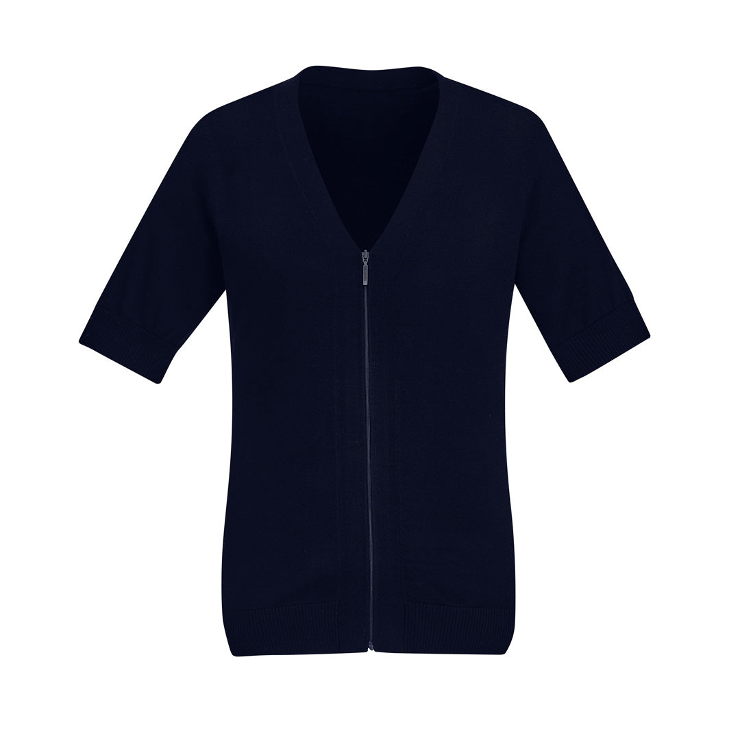 Biz Care The Zip Front Cardigan | Short Sleeve | Ladies Navy Shirts & Tops