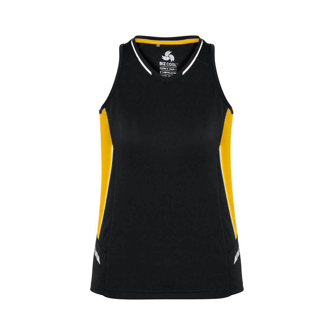 Biz Collection The Renegade Singlet | Ladies Black/Gold/Silver Shirts & Tops