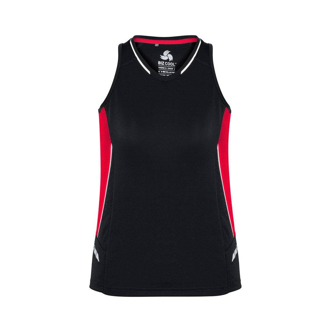 Biz Collection The Renegade Singlet | Ladies Black/Red/Silver Shirts & Tops