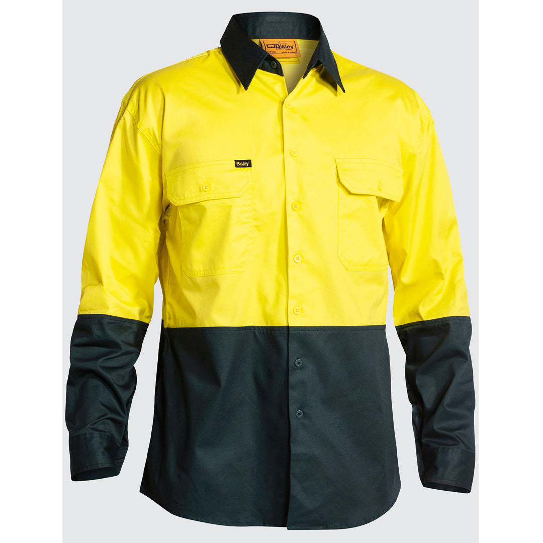 Bisley The Two Tone Lightweight Shirt | Hi Vis | Long Sleeve | Mens Yellow/Bottle Shirts & Tops