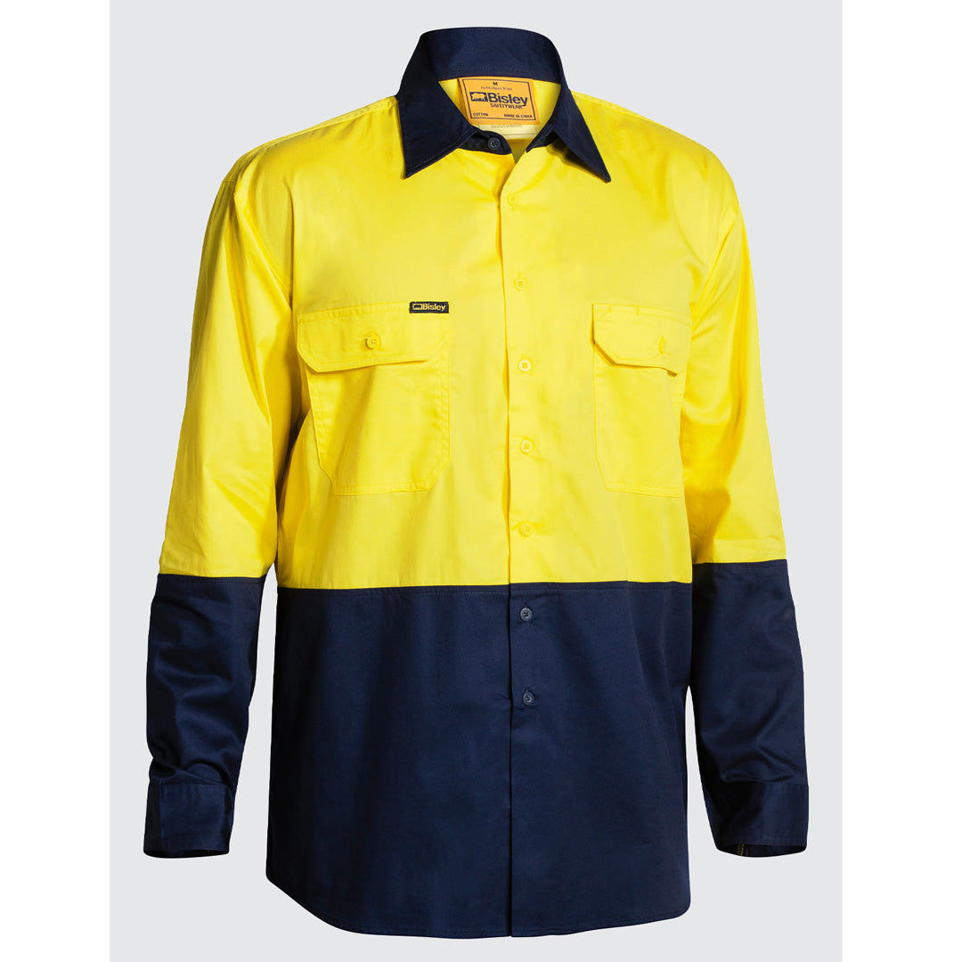 Bisley The Two Tone Lightweight Shirt | Hi Vis | Long Sleeve | Mens Yellow/Navy Shirts & Tops