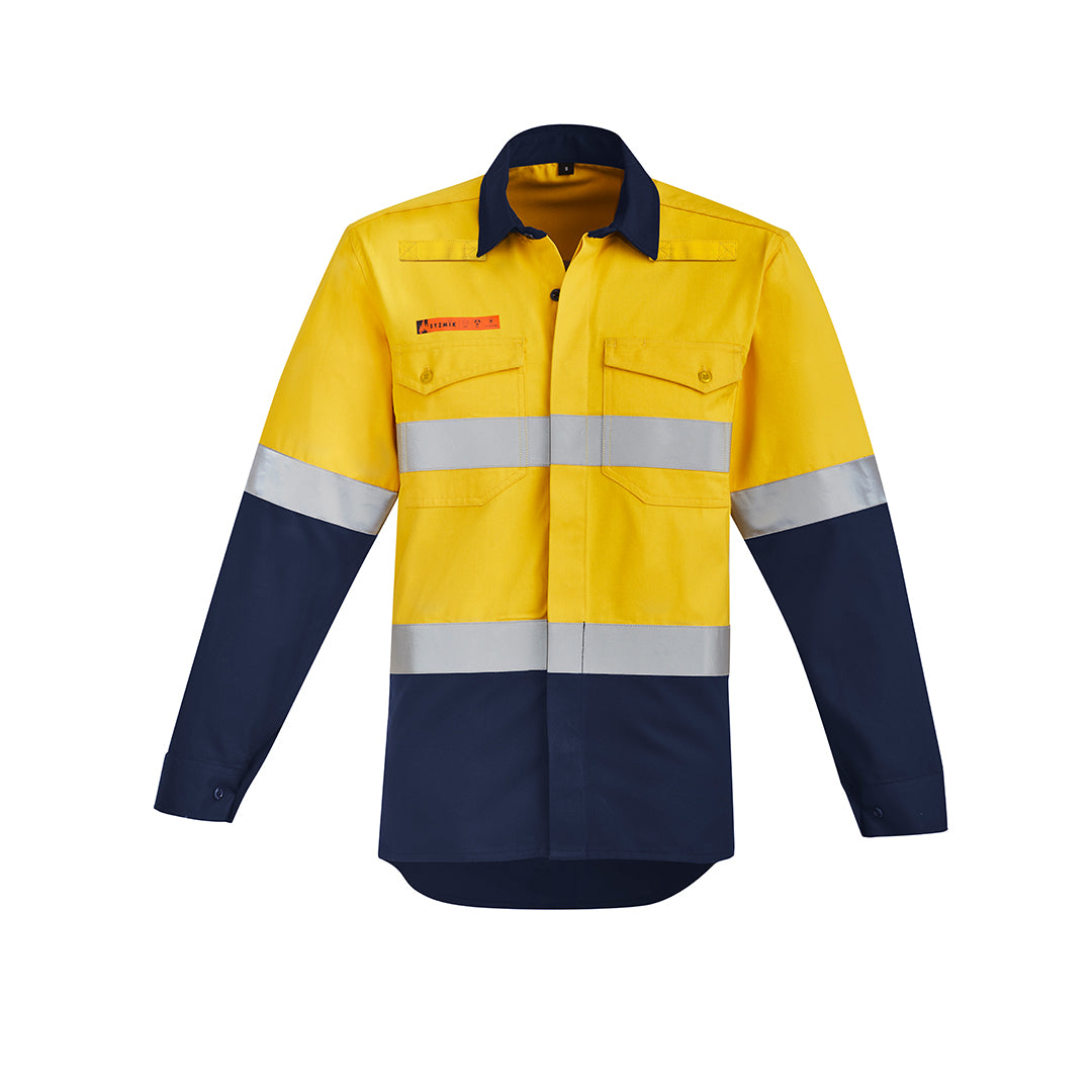 Syzmik The Peter Shirt | Mens | Hi Vis Taped | Flame Resistant | Open Front Yellow/Navy Work Safety Protective Gear