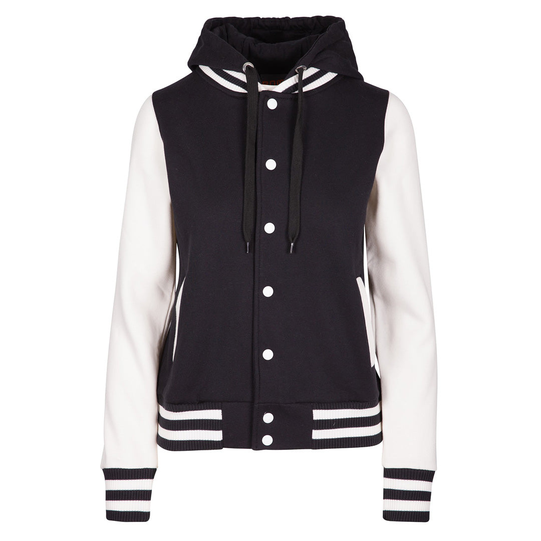 Ramo The Hooded Varsity Jacket | Ladies Black/White Coats & Jackets